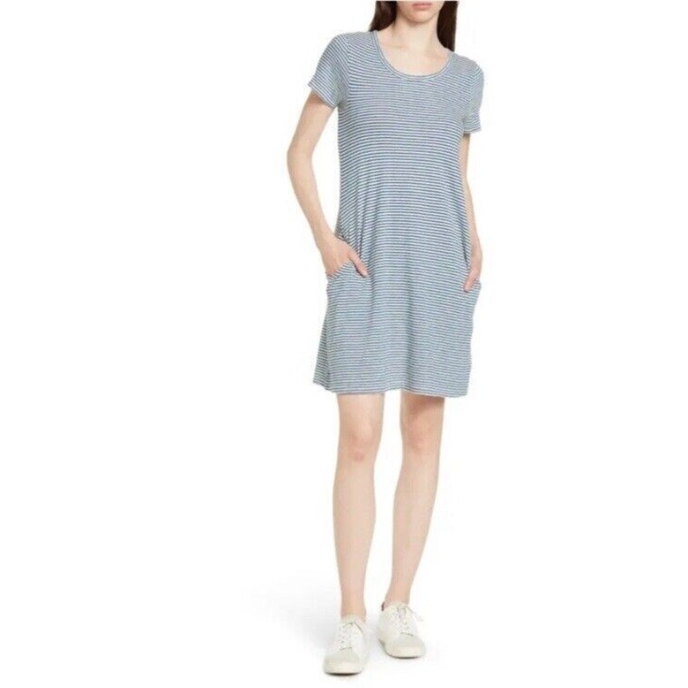 Faherty Dress Women Medium Blue Stripe Sunwashed Button Back Short Sleeve Shift